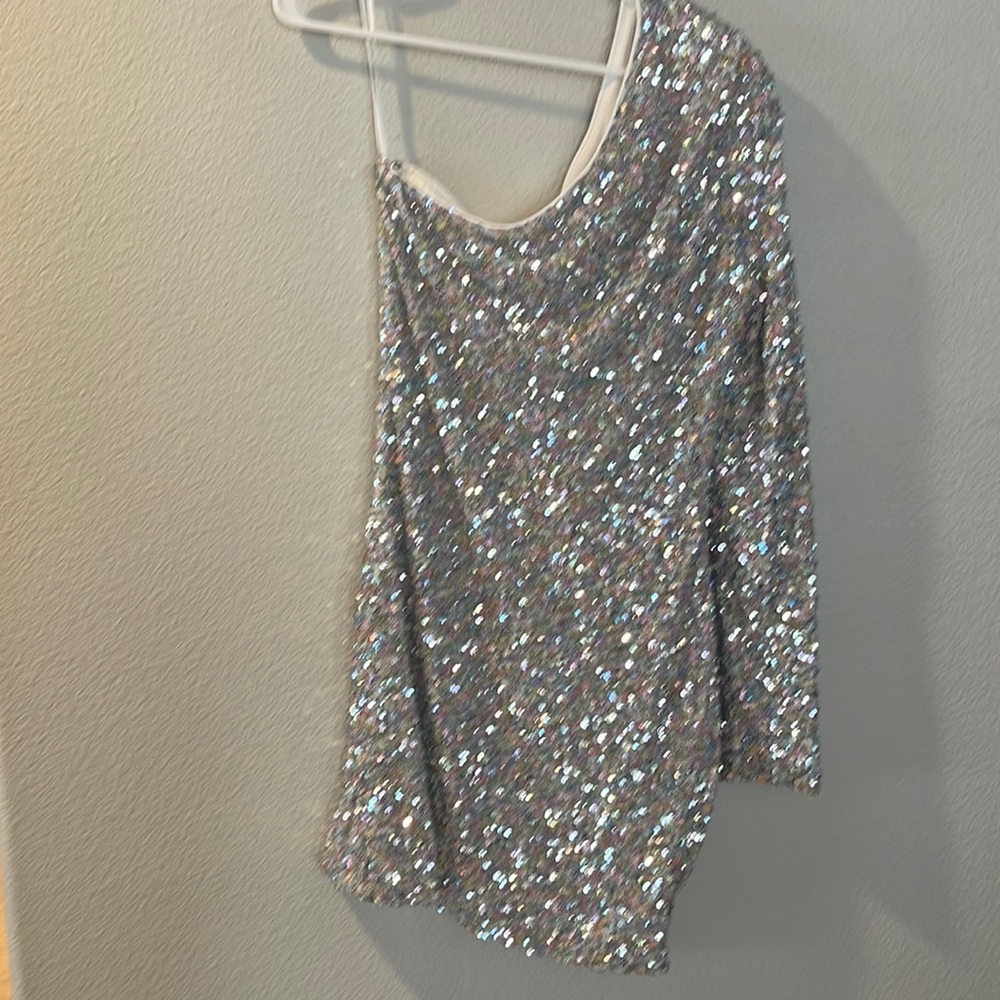 Love & Lemonade one sleeved sequin dress.